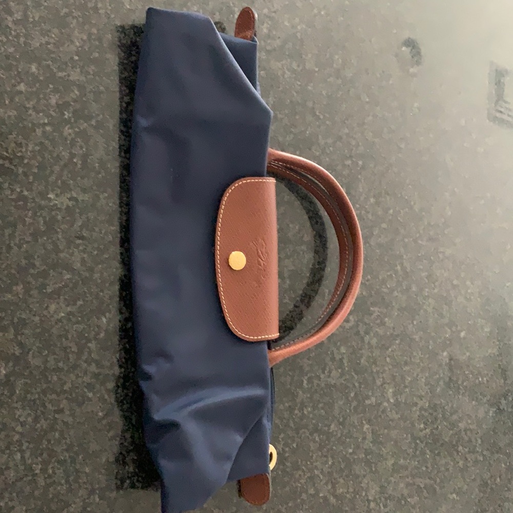 Blue brown and gold long Champ bag